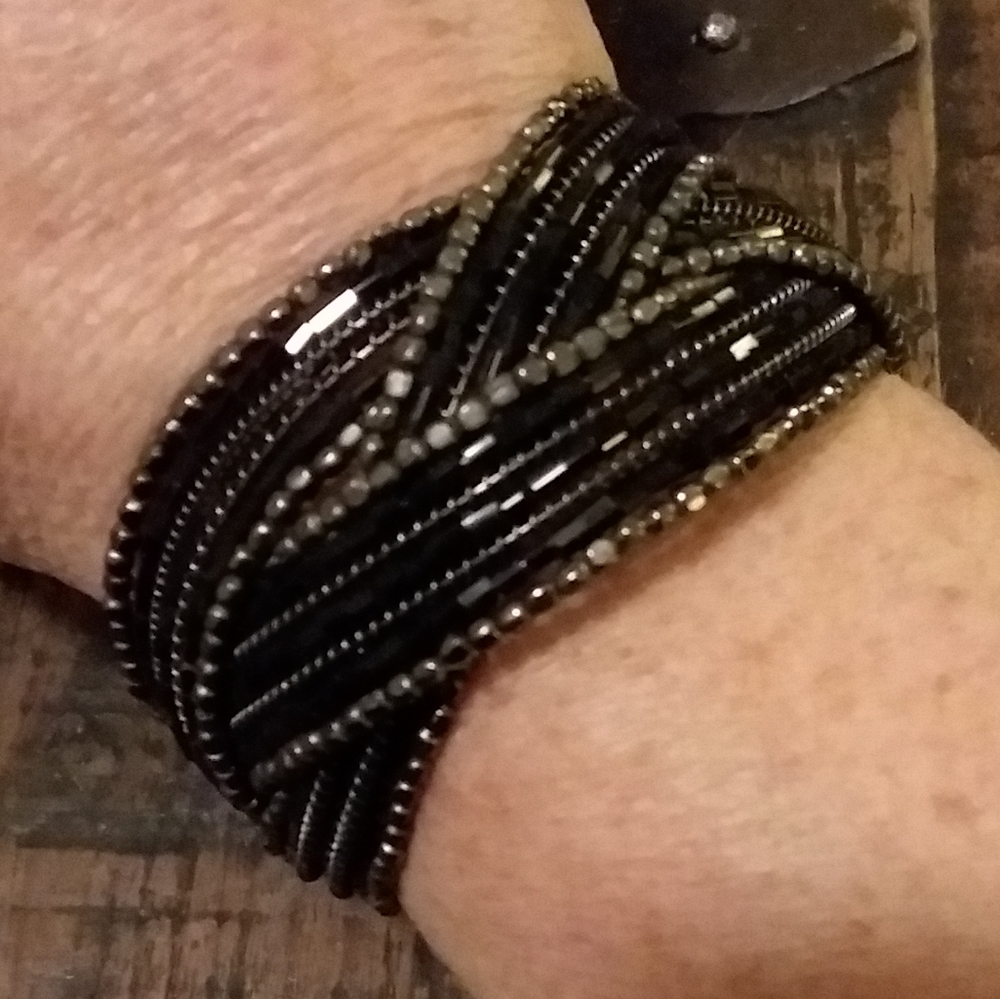 Black Beaded Cuff Bracelet with gray edges